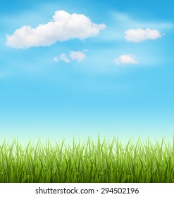 Green Grass Lawn with Clouds on Light Blue Sky
