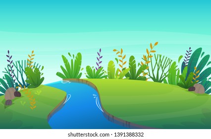green grass lawn with river at park or forest trees and bushes flowers scenery background , nature lawn ecology peace vector illustration of forest nature happy funny cartoon style landscape