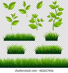 Green Grass And Leaves Big Set, With Gradient Mesh, Vector Illustration