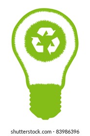 Green grass light bulb and recycle round  inside. Recycling concept vector background
