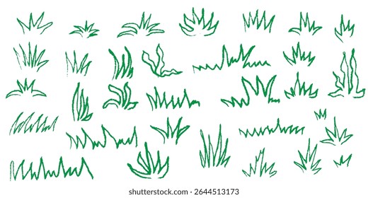 Green grass line background in crayon and pastel texture. Hand drawn doodle style sketch with pencil marker and chalk strokes. Vector green field element for garden or nature themed children design.