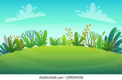 green grass meadow at park or forest trees and bushes flowers scenery background , nature lawn ecology peace vector illustration of forest nature happy funny cartoon style landscape