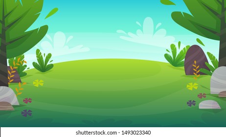 green grass meadow at park or forest trees and bushes flowers scenery background , nature lawn ecology peace vector illustration of forest nature happy funny cartoon style landscape