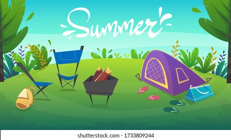 green grass meadow in the park or forest trees and bushes flowers scenery background, nature lawn ecology world vector illustration of forest nature happy funny cartoon style landscape