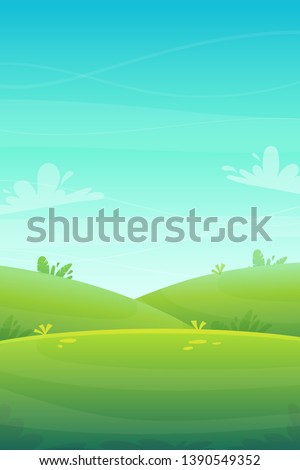 green grass meadow at park or forest trees and bushes flowers scenery background , nature lawn ecology peace vector illustration of forest nature happy funny cartoon style landscape