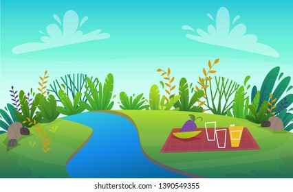 green grass meadow with river at park or forest trees and bushes flowers scenery background , nature lawn ecology peace vector illustration of forest nature happy funny cartoon style landscape