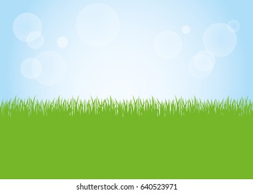 Green grass nature field and sunny blue sky background illustration vector