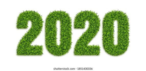 Green Grass Numbers 2020 Isolated on White Background. Eco Number Symbols for New Year or Calendar Design. 3D Vector Illustration