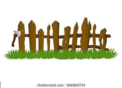 Green grass and old brown fence on a white background.