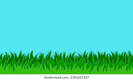 Green grass on blue background. Paper cut style illustration. Vector