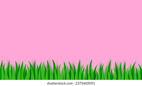 Grünes Gras auf rosafarbenem Hintergrund. Stilbild aus Papierschnitt. Vektorgrafik