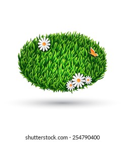 Green grass oval with chamomiles and butterfly isolated on white background