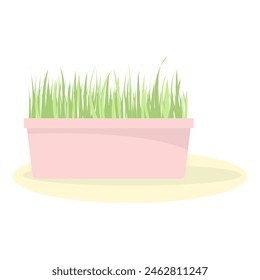 Hierba verde en una olla rosa. Hierba de gato, cuidado de mascotas y suplemento alimenticio de animales en cuenco.  Ilustración vectorial