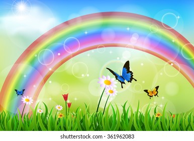 Green grass with rainbow and butterfly