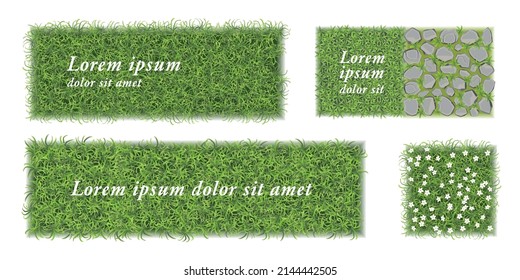 Green grass realistic. Top view. Spring time lawn ground cover horizontal banners set.