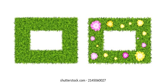 Green Grass Rectangle Backgrounds Set. Rectangular Eco Pattern Collection, Blooming Lawn Texture Wallpaper with Copy Space