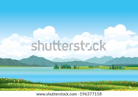 Green grass with red flowers and blue lake on a mountains background. Nature vector landscape.