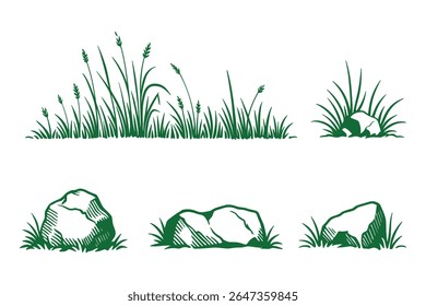 Ilustración vectorial verde de la hierba y de los Rock fijada para los Diseños de la Naturaleza
