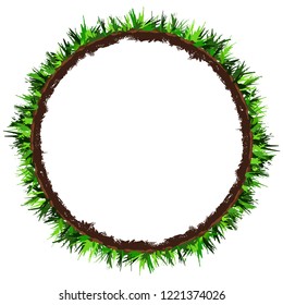 Green grass round frame. Circle banner with copy space. Hand drawing, vector isolated on white background
