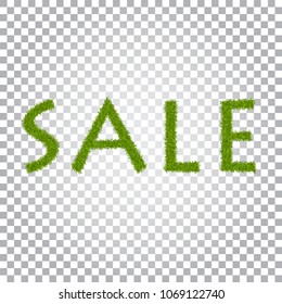 Green grass sale text, isolated white transparent background. Spring or summer nature design for banner, flyer, poster offer. Discount sale. Eco 3D texture. Letter grassy signs Vector illustration