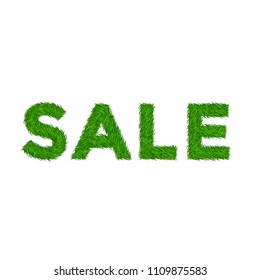 Green grass sale text, isolated white background. Spring or summer nature design for banner, flyer, label or poster offer. Discount sale. Eco 3D texture. Letter grassy signs Vector illustration