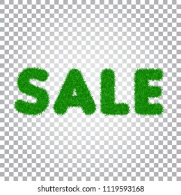 Green grass sale text, isolated white transparent background. Spring or summer nature design for banner, flyer, poster offer. Discount sale. Eco 3D texture. Letter grassy signs Vector illustration