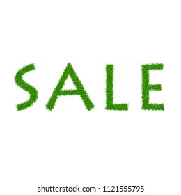 Green grass sale text, isolated white background. Spring or summer nature design for banner, flyer, label or poster offer. Discount sale. Eco 3D texture. Letter grassy signs Vector illustration