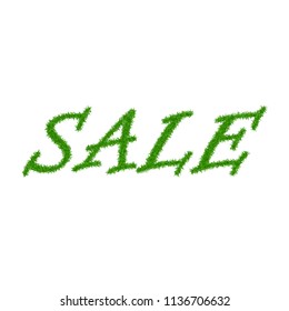 Green grass sale text, isolated white background. Spring or summer nature design for banner, flyer, label or poster offer. Discount sale. Eco 3D texture. Letter grassy signs Vector illustration