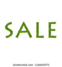 Green grass sale text, isolated white background. Spring or summer nature design for banner, flyer, label or poster offer. Discount sale. Eco 3D texture. Letter grassy signs Vector illustration