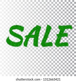Green grass sale text, isolated white transparent background. Spring or summer nature design for banner, flyer, poster offer. Discount sale. Eco 3D texture. Letter grassy signs. Vector illustration