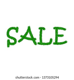 Green grass sale text, isolated white background. Spring or summer nature design for banner, flyer, label or poster offer. Discount sale. Eco 3D texture. Letter grassy signs Vector illustration