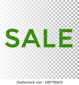 Green grass sale text, isolated white transparent background. Spring or summer nature design for banner, flyer, poster offer. Discount sale. Eco 3D texture. Letter grassy signs Vector illustration