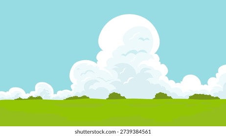 green grass savannah view with cloudy clear blue sky, nature background