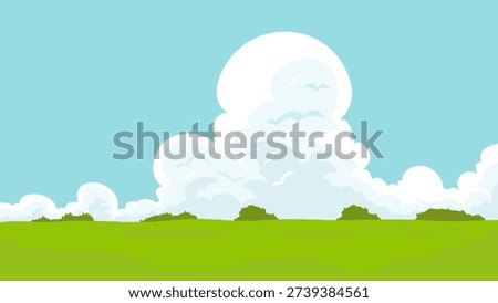 green grass savannah view with cloudy clear blue sky, nature background
