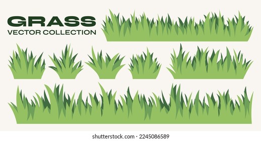 Green grass seamless pattern. Collection of vector illustrations with grass border and icons in flat style isolated on white background.