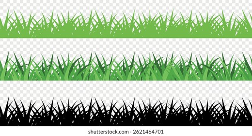 Grama verde. Padrão contínuo de grama em fundo quadriculado. Silhueta preta da grama. Gramado de verão. Ilustração vetorial sobre fundo branco