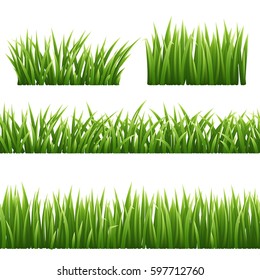 Green grass seemless borders and herbs elements isolated on white background. Vector Illustration