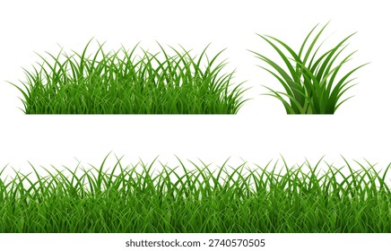 Green Grass Set Border Isolated White Backgroud, Vector Illustration