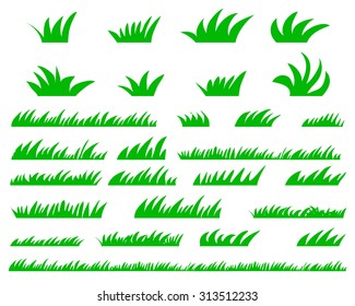 Green Grass Set, Isolated On White Background, Vector Illustration