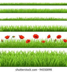 Green Grass Set With Red Poppy, Isolated On White Background, Vector Illustration