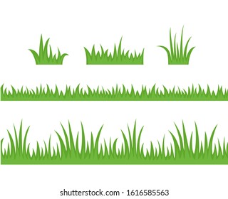 Green grass set. Seamless border and grass icons isolated on white background. Vector cartoon flat simple illustration.