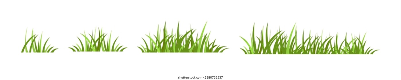 Silueta de hierba verde. Líneas de dibujos animados de plantas y arbustos para el abordaje y el enmarcado, ecológicos y elementos de logotipo orgánico. El vector conjunto de campos de primavera siembra formas césped o jardín de bordes, vector 10 pasos.