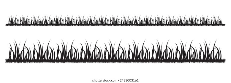 Green grass silhouette. Cartoon lines of plants and shrubs for boarding and framing, eco and organic logo element. Vector set spring bio field banner or fresh organic pasture.  white background.