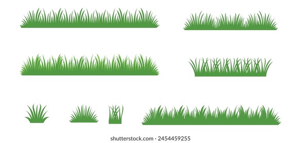 Silueta de hierba verde. Líneas de dibujos animados de plantas y arbustos para embarque y enmarcado, eco y Vector de elementos de logotipo orgánico