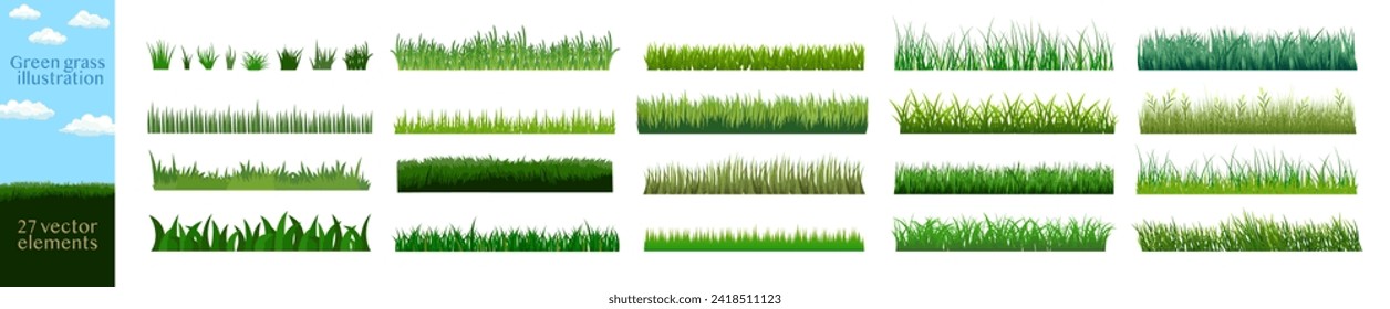 Silueta de hierba verde. Elementos ecológicos y ecológicos del logotipo, Líneas de dibujos animados de plantas y arbustos para el embarque y el enmarcado