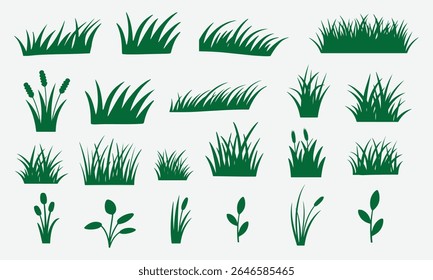 Conjunto de Vector de silueta de hierba verde de natural y orgánico sobre fondo blanco