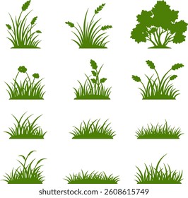 Green grass silhouettes create natural groundcover elements in garden designs or landscape illustrations