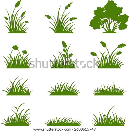 Green grass silhouettes create natural groundcover elements in garden designs or landscape illustrations
