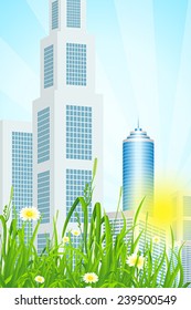 Green Grass with Skyscrapers, Sun and Rays