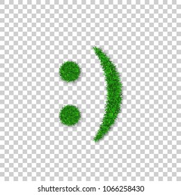 Green grass smile 3D. Smiley grassy icon Isolated white transparent background. Ecology concept. Happy smiling sign. Symbol eco lawn, nature, safe environment, healthy, spring Vector illustration